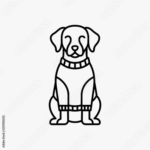 Minimalist black and white line art vector illustration of a Labrador Retriever dog sitting forward while wearing a striped winter sweater, clean outline pet icon design.