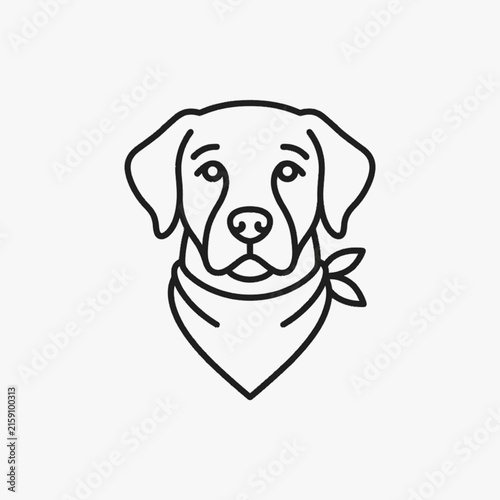 Minimalist line art vector illustration of a Labrador retriever head wearing a bandana neckerchief. Black contour outline isolated on white background for graphic design and branding.