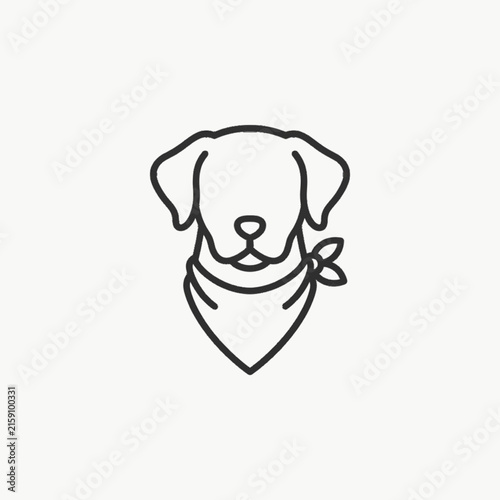 Labrador Retriever dog head line art icon with bandana around neck. Minimalist black outline vector illustration of a canine face on white background for pet branding and icons.