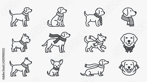 Minimalist vector icon set featuring twelve black line art dogs in winter scarves and bows including Labrador Dachshund Terrier and Chihuahua breeds on white background.
