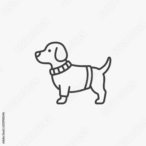 Minimalist black line art illustration of a small dog wearing a sweater with a striped collar, standing in profile view on a plain white background, vector icon design.