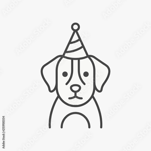 Minimalist black line art illustration of a cute puppy dog wearing a striped birthday party hat with a pom-pom, vector graphic isolated on a white background for pet celebration.