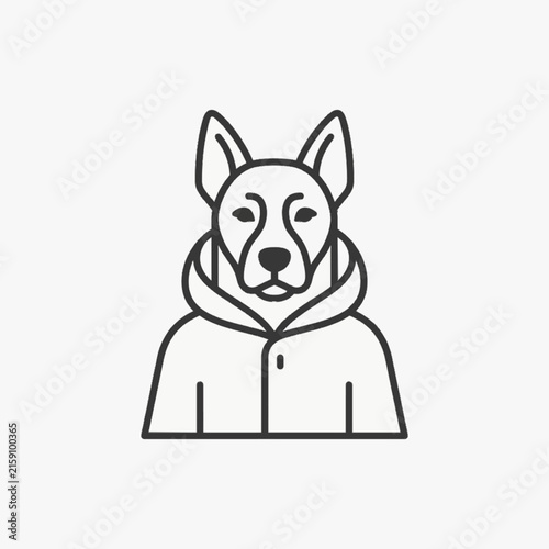 Minimalist black line art vector illustration of a dog with pointed ears wearing a hooded jacket. Clean stroke design of an anthropomorphic pet character on a plain background.