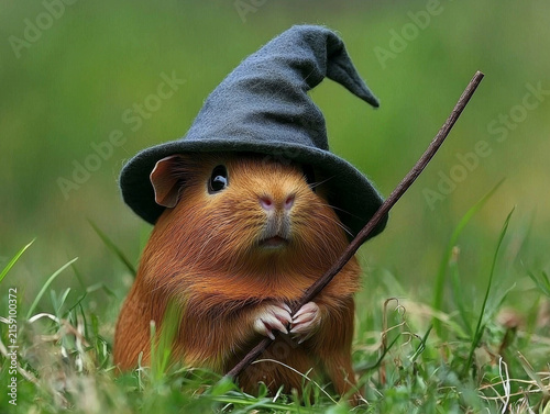 Fluffy brown guinea pig wearing a pointy grey wizard hat, holding a stick, sitting in vibrant green grass
