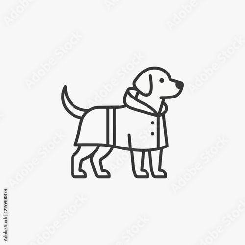 Minimalist black line art of a Labrador dog standing in profile wearing a protective winter coat or jacket with buttons and collar, isolated vector icon on a white background.