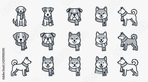 Set of 15 minimalist dog breed illustrations wearing winter scarves, including golden retriever, bulldog, and shiba inu, in a monochrome line art style for holiday icons.