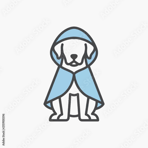 Minimalist vector illustration of a sitting white dog wearing a light blue hooded cloak or raincoat, isolated on a white background, featuring clean line art and simple flat design.