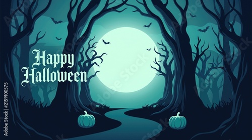 Happy halloween greeting card with a spooky forest, full moon, bats, and pumpkins in a dark teal atmosphere