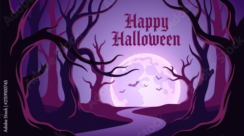 Happy halloween greeting card with a spooky forest, full moon, and bats in a purple night landscape