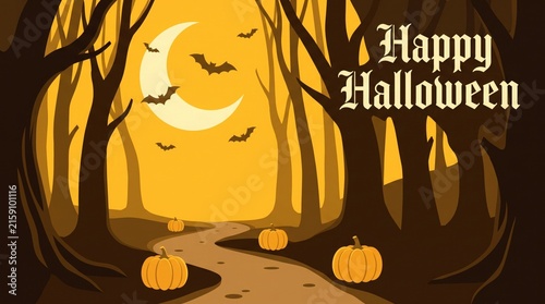 Happy halloween greeting card with a spooky forest path, pumpkins, bats, and a crescent moon in a golden night sky