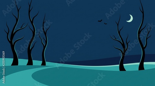 Spooky halloween night landscape with bare trees, crescent moon, and bats in a dark blue sky