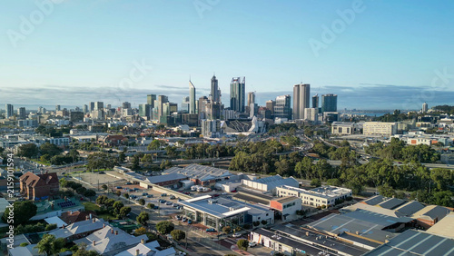 Aerial drone view of Perth city skyline on a beautiful sunny day