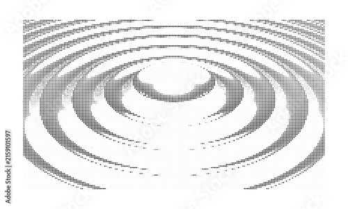 Abstract halftone pattern with concentric circular ripple waves on white background