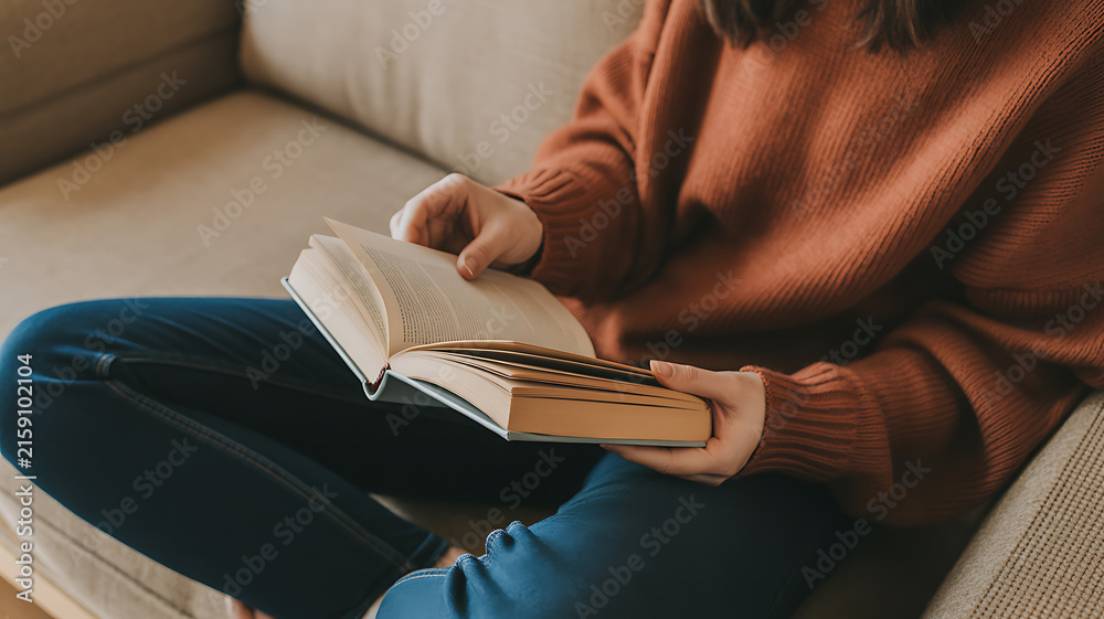 Obraz premium Person in cozy rust colored sweater and dark jeans reading an open book while sitting 