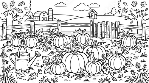 Autumn pumpkin patch vector coloring page with pumpkins vines farm fence and watering can for kids books