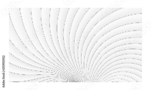 Abstract monochrome halftone pattern with curved radial lines and dots