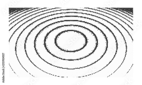 Abstract monochrome halftone pattern with circular ripple waves and dots