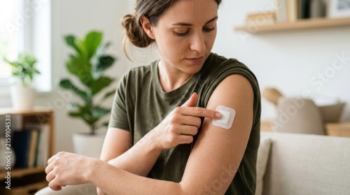 Young woman applying medical adhesive patch to arm for pain relief or injury treatment at home