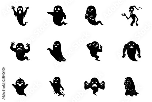 Collection of spooky black ghost silhouettes with various expressions
