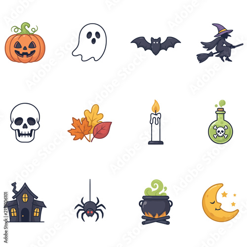 Colorful halloween icons set featuring ghosts witches and spooky elements