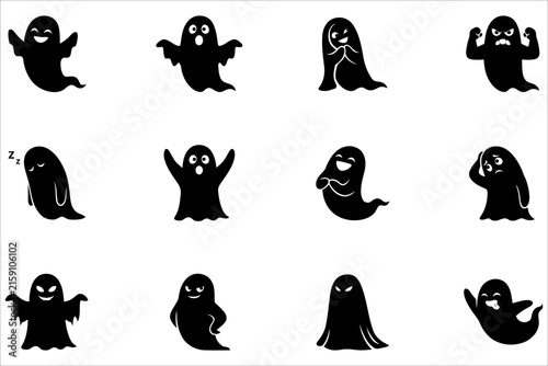 Collection of cute black ghost characters with various expressions