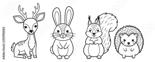 Cute forest animals deer rabbit squirrel hedgehog line art illustration