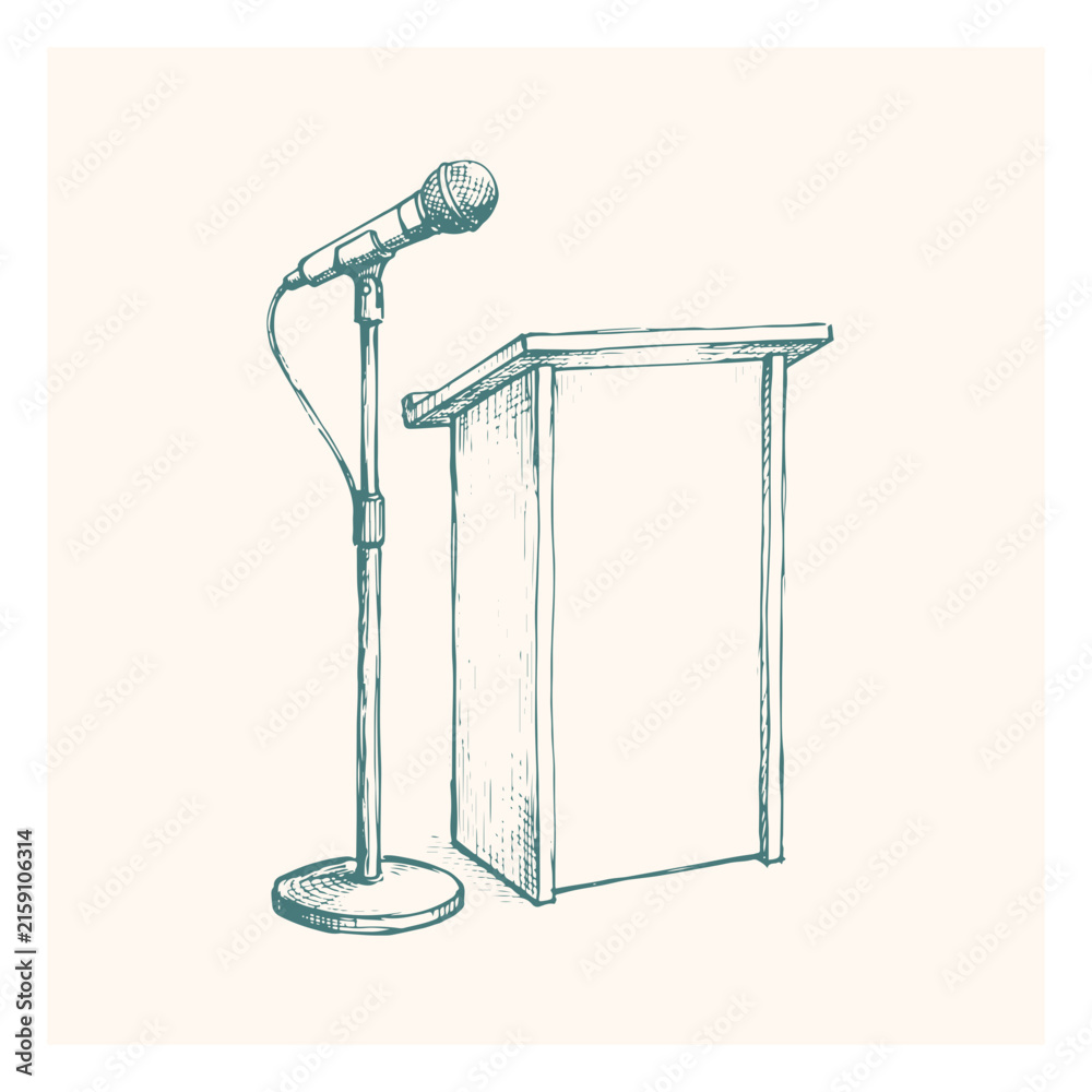 Obraz premium Wooden podium stand with microphone sketch illustration line art microphone presentation conference broadcast communication furniture illustration engraving monochrome education business