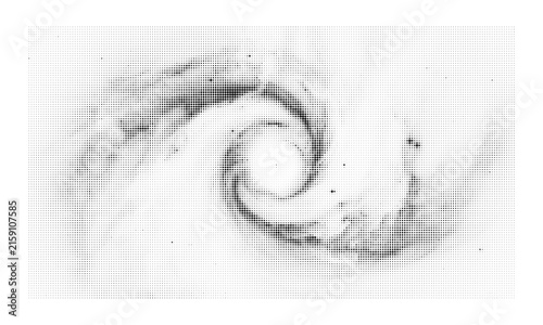 Abstract monochrome halftone pattern with spiral galaxy swirl shape design element