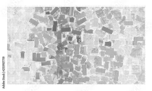 Abstract monochrome halftone pattern with square dots and distressed grainy texture