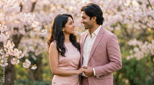 Happy couple holding hands while smiling at each other in a beautiful pink cherry blossom garden during springtime.