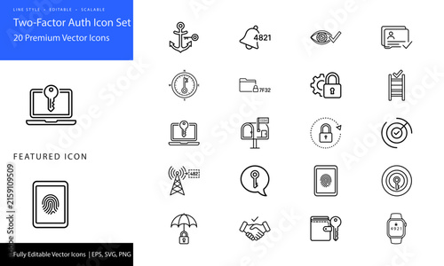 Flat design 2FA security icon set with verification symbols and mobile authentication vector graphics