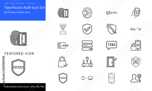 Flat vector 2FA security icons with padlock, smartphone, email, and verification symbols for cyber protection