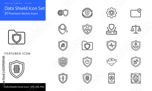 Flat design cybersecurity icon set with digital protection symbols and data shield graphics