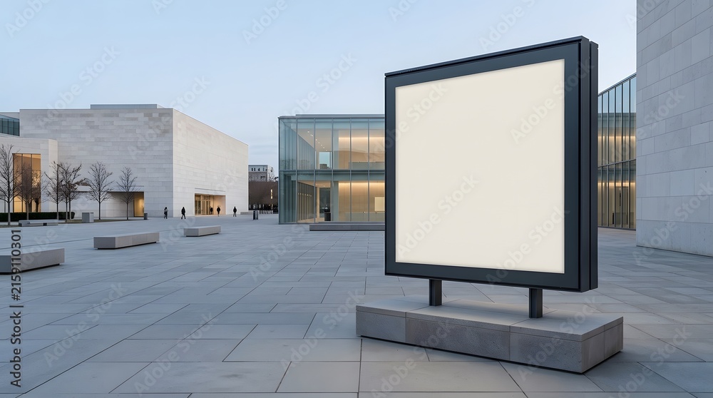 Fototapeta premium Billboard, mockup and poster in plaza for advertising, brand identity and street marketing. Outdoor, sign and display in city with urban architecture, empty space, media and commercial message.