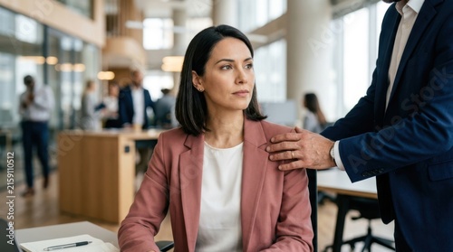 Professional woman receiving supportive gesture from colleague in modern office environment