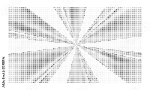 Abstract sunburst background composed of monochrome halftone dots in radiating lines