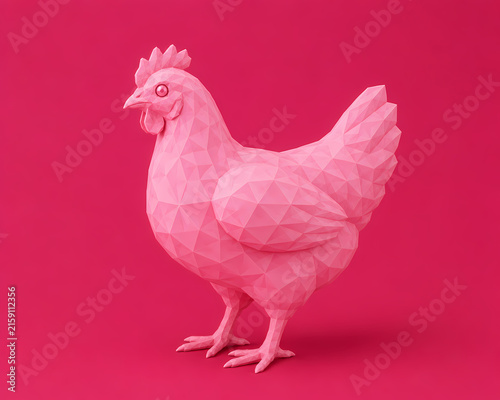 Low Poly Pink Hen Isolated on Bright Pink Background