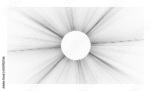 Abstract sunburst pattern made of halftone dots with radial rays on a white background