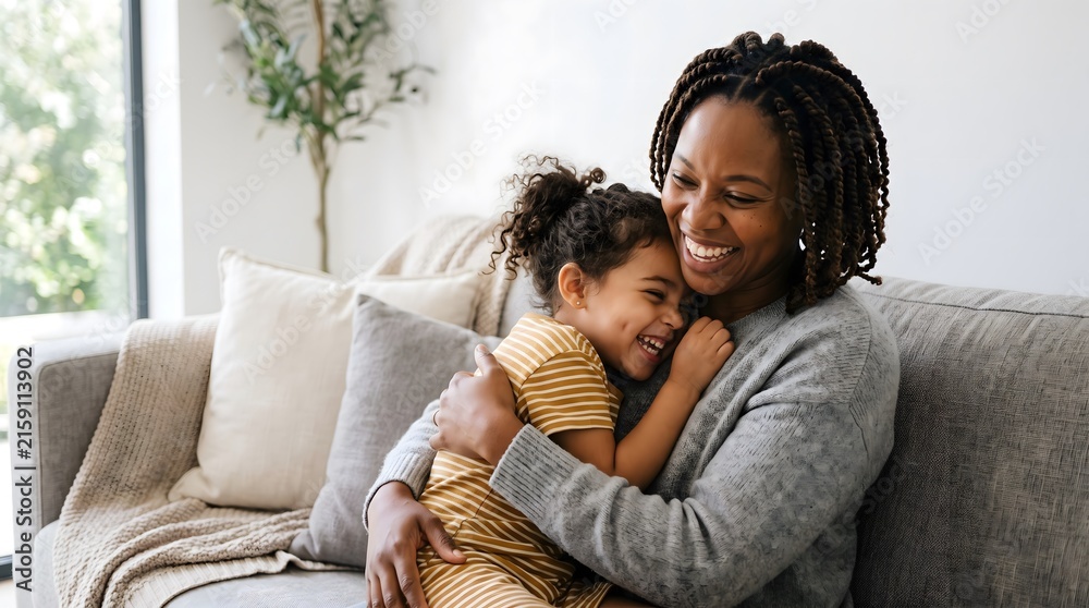 Obraz premium Mother and daughter embracing and laughing together on a couch
