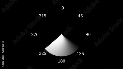 Rotating radar scanner interface with circular degree markers, minimalist digital hud animation for tech and data visualization