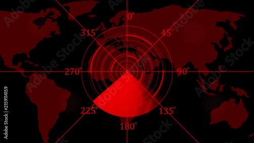 Digital radar scanner over map background, red hud interface for global surveillance and data tracking
