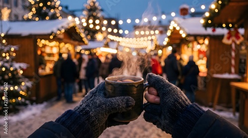 Person holding hot drink at a festive Christmas market in the snow