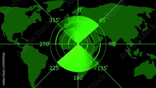 Digital radar screen scanning map background, military surveillance hud interface, global tracking technology animation