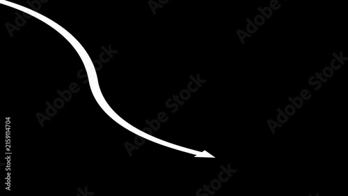Animated white curved arrow pointing downward, minimalist motion on transparent background, pointer direction