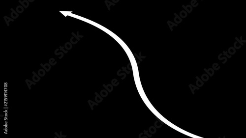 Animated white hand-drawn arrow pointing upward, smooth curving motion path on black background animation