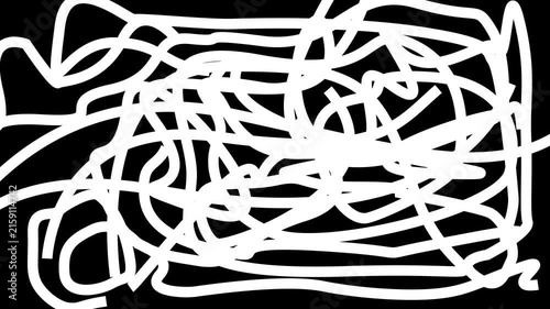 Abstract white scribble lines on black background, minimalist hand-drawn doodle pattern, dynamic motion overlay for creative projects
