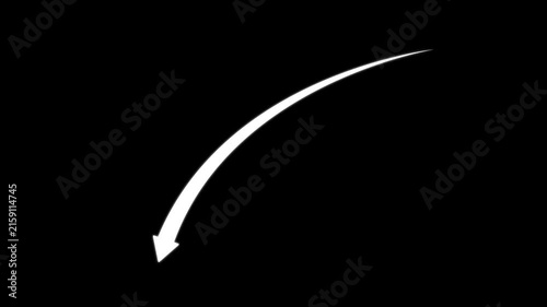Animated white curved arrow pointing downward, hand-drawn style motion on black background animation