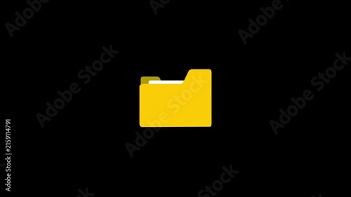Minimalist 2 d animation of a yellow folder opening and closing on black background, file document archive