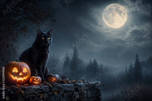 Mystical Halloween Night: A black cat with piercing green eyes sits stoically beside carved pumpkins, illuminated by a full moon on a dark, foggy Halloween night.