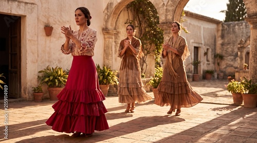 Three feria dancers open a sunlit courtyard handclap sequence